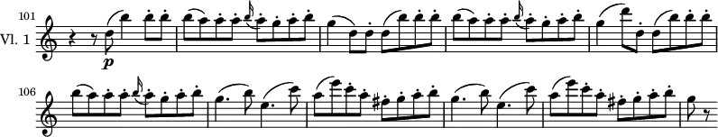 \new Staff \with { instrumentName = #"Vl. 1 "} \relative c'' {
\version "2.18.2"
\key c \major
\set Score.tempoHideNote = ##t
\time 4/4
\set Staff.midiInstrument = "violin"
\tempo 4 = 140
\omit Staff.TimeSignature
\set Score.currentBarNumber = #101
\bar "" % enforce bar number at the very beginning
r4 r8 d8\p( b'4) b8-. b-. |
b( a) a-. a-. \grace b16( a8-.) g-. a-. b-. |
g4( d8) d-. d( b') b-. b-. |
b( a) a-. a-. \grace b16( a8-.) g-. a-. b-. |
g4( d'8) d,-. d( b') b-. b-. |
b( a) a-. a-. \grace b16( a8-.) g-. a-. b-. |
g4.( b8) e,4.( c'8) |
a( e') c-. a-. fis-. g-. a-. b-. |
g4.( b8) e,4.( c'8) |
a( e') c-. a-. fis-. g-. a-. b-. |
g r8
}
