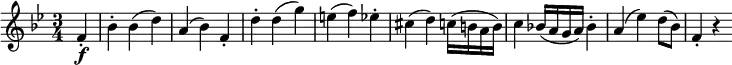 {
\relative f' { \key bes \major \time 3/4
\partial 4 f4-. \f | bes4-. bes( d) | a4( bes) f-. | d'4-. d( g) | e4( f) es-.
cis4( d) c16( b a b) | c4 bes!16( a g a) bes4-. | a4( es') d8( bes) | f4-. r }
}