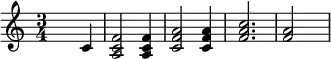 {\set Staff.midiInstrument = #"dulcimer" \time 3/4 \skip2 c'4 <a c' f'>2 <a c' f'>4 <c' f' a'>2 <c' f' a'>4 <f' a' c''>2. <f' a'>2 \skip4}