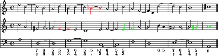 \header {
tagline = ##f
}
\score {
<<
\new Staff <<
<<
\set Score.tempoHideNote = ##t
\time 4/4
\tempo 4 = 150
\relative c'' { e2 c~ c b a d b c~ c \tweak NoteHead.color #red \tweak Stem.color #red \tweak Accidental.color #red bes~ \tweak NoteHead.color #red \tweak Stem.color #red \tweak Accidental.color #red bes a g c a f~ f4 d d'2~ d c b1 cis \bar "||" } >>
\new Staff <<
\relative c'' { c2 a fis g~ g \tweak NoteHead.color #red \tweak Stem.color #red \tweak Accidental.color #red f~ \tweak NoteHead.color #red \tweak Stem.color #red \tweak Accidental.color #red f e d1 e2 f~ f \tweak NoteHead.color #green \tweak Stem.color #green \tweak Accidental.color #green e \tweak NoteHead.color #green \tweak Stem.color #green \tweak Accidental.color #green f a~ a b4 a gis2 a~ a \tweak NoteHead.color #green \tweak Stem.color #green \tweak Accidental.color #green gis \tweak NoteHead.color #green \tweak Stem.color #green \tweak Accidental.color #green a1 \bar "||" } >>
\new Staff <<
\clef "bass"
\relative c' { a1 d,~ d g~ g c,~ c f d e~ e a, \bar "||" }
>>
>>
\new FiguredBass {
\figuremode {
s1 | <7 _+>2 <6 4> <5 4> <5 3> <7 3> <6 4> <5 4> <5 _-> <7- 3> <6 4> <5 4> <5 3> s1 s2 <6>4 <5> <7 _+>2 <6 4> <5 4> <5 _+> <_+>1 }
}
>>
\layout {
\context {
\Score
\remove "Bar_number_engraver"
}
indent = 0
}
\midi {}
}