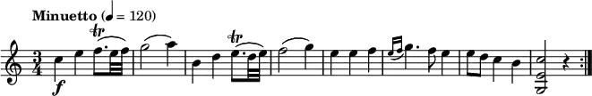 \relative c' {
\version "2.18.2"
\key c \major
\time 3/4
\tempo "Minuetto" 4 = 120
c'4\f e f8. \trill (e32 f)
g2 (a4) b,4 d e8. \trill (d32 e) f2 (g4)
e e f \acciaccatura { e16 f } g4. f8 e4 e8 d c4 b <g, e' c'>2 r4 \bar ":|."
}