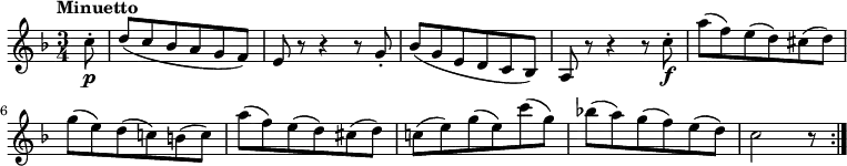 \relative c' {
\version "2.18.2"
\tempo "Minuetto"
\key f \major
\time 3/4
\partial 8 c'8-.\p d (c bes a g f)
e r8 r4 r8 g-.
bes (g e d c bes)
a r8 r4 r8 c'8-.\f
a' (f) e (d) cis (d)
g (e) d (c!) b (c)
a' (f) e (d) cis (d)
c! (e) g (e) c' (g)
bes! (a) g (f) e (d)
c2 r8 \bar ":|."
}