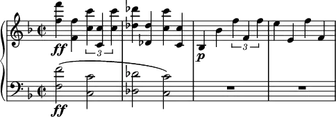 \relative c'' {
\new PianoStaff <<
\new Staff {
\set Staff.midiInstrument = #"piano" \key d \minor \clef treble \time 2/2 \set Score.tempoHideNote = ##t \tempo 2 = 60
<f f'>4 \ff <f, f'>4 \times 2/3 {
<c' c'>4 <c, c'>4 <c' c'>4
} |
<des des'>4 <des, des'>4 <c' c'>4 <c, c'>4 |
bes4 \p bes'4 \times 2/3 {
f'4 f,4 f'4
} |
e4 e,4 f'4 f,4 |
}
\new Staff {
\set Staff.midiInstrument = #"piano" \key d \minor \clef bass \time 2/2
<f, f'>2 \ff ( <c c'>2 |
<des des'>2 <c c'>2 ) |
R1*2 |
}
>>
}