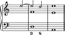 \new PianoStaff <<
<< % wegen Generalbass
\new Staff <<
\set Score.tempoHideNote = ##t
\tempo 4 = 160
\override Staff.TimeSignature.transparent = ##t
<<
\new Voice = "first"
\relative c''
{ \voiceOne \partial 2 e2 ~ e d e1 \bar "||" }
\new Voice = "second"
\relative c'
{ \voiceTwo \partial 2 s2 f1 e }
>>
>>
\new Staff <<
\override Staff.TimeSignature.transparent = ##t
\clef "bass"
\relative c {\partial 2 s2 d1 a}
>>
>>
\new FiguredBass {
\figuremode { <_>2 <9>2 <8> }
}
>> % wegen Generalbass