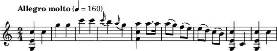 \relative c' {
\version "2.18.2"
\key c \major
\time 2/4
\tempo "Allegro molto" 4 = 160
<g e' c'>4 c' g' g c c
\appoggiatura c16 b4 \appoggiatura a16 g4 <f, c' a'>4 a'8. a16
a8 (g) f (e) e (d) c (b) <g, e' c'>4 c <g e' c'>4 c'
}