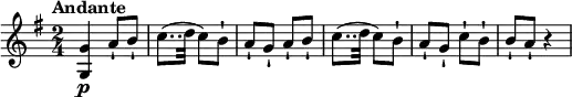 \relative c'' {
\version "2.18.2"
\key g \major
\time 2/4
\tempo "Andante"
< g, g'>4\p a'8-! b-! c8..
(d32 c8) b-! a-! g-! a-! b-! c8..
(d32 c8) b-! a-! g-! c-! b-! b-! a-! r4
}