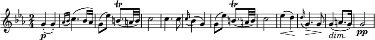 
\relative c'' {
\set Score.tempoHideNote =##t
\tempo 4 = 88
\time 2/4
\key ees \major
g4\p(-. g)-. | \grace { aes16[( bes] } c4.)( bes16 aes) | 
g8( ees') b8.\trill( a32 b) | c2 | c4. c8 |
\grace {c16(} bes4)( g) | g8( ees') b8.\trill( a32 b) | c2 |
ees4\<( d\!) | \grace {d16(} g,4.\>) g8\! | g4\dim( a8. g16\!) | g2\pp |
}
