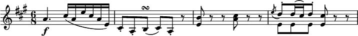 { \relative a' { \key a \major \time 6/8
a4. \f cis16( a e' cis a e) | cis8-. a-. b( \turn cis) a-. r | <b' e,> 8 r r <cis a> r r |
<< \new Voice = "first" { \stemUp \slurDown \acciaccatura e8 \stemUp \slurUp d8^. d16( cis) d8^. }
\new Voice = "second" { \stemDown e,8 e e } >> <cis' e,>8 r r }}