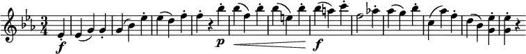 { \relative es' { \key es \major \time 3/4
\partial 4 es4-. \f | es4( g) g-. | g4( bes) es-. | es4( d) f-. | f4-. r bes-. \p |
bes4( \< f) bes-. | bes4( e,) bes'-. | bes4( \f a) c-. f,2 as!4-. |
as4( g) bes-. | c,4( as') f-. | d4( bes) <es g,>-. | <es g,>4-. r
}}