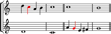 \new ChoirStaff <<
\new Staff <<
\set Score.tempoHideNote = ##t
\tempo 2 = 92
\override Staff.TimeSignature.transparent = ##t
\relative c''
{ d \tweak NoteHead.color #red \tweak Stem.color #red c a b c1 \bar "||" c b \bar "||" }
>>
\new Staff <<
\override Staff.TimeSignature.transparent = ##t
\relative c' { d1 c a'4 \tweak NoteHead.color #red \tweak Stem.color #red g e fis g1 }
>>
>>