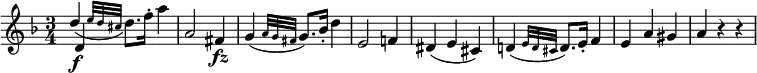 {
\relative d'' {
\key d \minor \time 3/4
<< \new Voice { \stemUp \slurDown d4( \f \grace { e32 d cis } \stemDown d8.) f16-. a4 }
\new Voice { d,,4 } >>
a'2 fis4 \fz
g4( \grace { a32 g fis } g8.) bes16-. d4
e,2 f!4
dis4( e cis)
d!4( \grace { e32 d cis } d8.) e16-. f4
e4 a gis
a4 r r
}
}