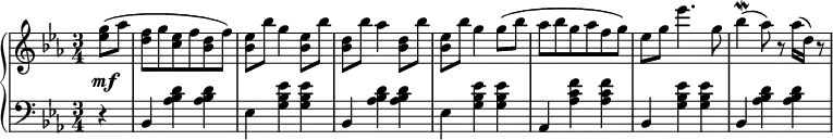 \relative c' {
\new PianoStaff <<
\new Staff { \key c \minor \time 3/4 \set Score.tempoHideNote = ##t
\tempo "" 2. = 64
\tempo \markup {
\column {
}
}
\partial 4 <ees' g>8( aes <d, f> g <c, ees> f <bes, d> f') <bes, ees> bes' g4 <bes, ees>8 bes' <bes, d> bes' aes4 <bes, d>8 bes' <bes, ees> bes' g4 g8( bes aes bes g aes f g) ees g ees'4. g,8 bes4\mordent( aes8) r aes16( d,) r8
}
\new Dynamics {
s\mf
}
\new Staff { \key c \minor \time 3/4 \clef bass
r4 bes,, <aes' bes d> <aes bes d> ees <g bes ees> <g bes ees> bes, <aes' bes d> <aes bes d> ees <g bes ees> <g bes ees> aes, <aes' c f> <aes c f> bes, <g' bes ees> <g bes ees> bes, <aes' bes d> <aes bes d>
}
>>
}