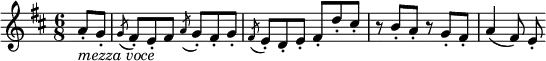 \relative a' {
\key d \major \time 6/8
\partial 4 a8-. _\markup { \italic "mezza voce" } g-.
\acciaccatura g8 fis-. e-. fis \acciaccatura a g-. fis-. g-.
\acciaccatura fis8 e-. d-. e-. fis-. d'-. cis-.
r8 b-. a-. r g-. fis-.
a4( fis8) e-.
}