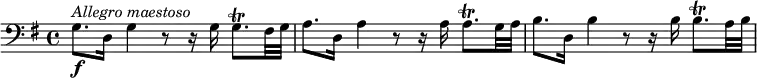 \relative c' {
\version "2.18.2"
\clef bass
\key g \major
g8.\f^\markup { \italic {Allegro maestoso} } d16 g4 r8 r16 g g8.\trill fis32 g a8. d,16 a'4 r8 r16 a a8.\trill g32 a b8. d,16 b'4 r8 r16 b b8.\trill a32 b
}