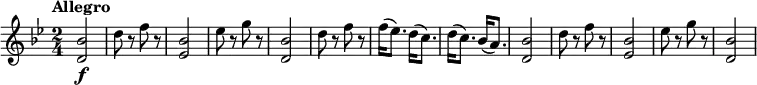 \relative c'' {
\version "2.18.2"
\clef "treble"
\tempo "Allegro"
\key bes \major
\time 2/4
<d, bes'>2\f
d'8 r8 f8 r8
<ees, bes'>2
ees'8 r8 g8 r8
<d, bes'>2
d'8 r8 f8 r8
f16 (ees8.) d16 (c8.)
d16 (c8.) bes16 (a8.)
<d, bes'>2
d'8 r8 f8 r8
<ees, bes'>2
ees'8 r8 g8 r8
<d, bes'>2
}