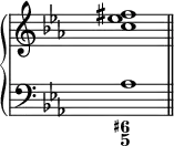 \new PianoStaff <<
\new Staff {
\override Staff.TimeSignature.transparent = ##t
\new Voice = "right" {
\relative c'' { \clef treble \key c \minor <c es fis >1 \bar "||" }
}
}
\new Staff {
\override Staff.TimeSignature.transparent = ##t
\new Voice = "left" {
\relative c' { \clef "bass" \key c \minor as1 }
}
}
\new FiguredBass {
\figuremode { <6+ 5>1 }
}
>>