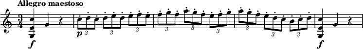 \relative c'' {
\version "2.18.2"
\tempo "Allegro maestoso"
\time 3/4
<c e, g,>4\f g r |
\times 2/3 { c8-.\p d-. c-. } \times 2/3 { d-. e-. d-. } \times 2/3 { e-. f-. e-. } |
\times 2/3 { f8-. g-. f-. } \times 2/3 { a-. g-. f-. } \times 2/3 { e-. f-. g-. } |
\times 2/3 { a8-. g-. f-. } \times 2/3 { e-. d-. c-. } \times 2/3 { b-. c-. d-. } |
<c e, g,>4\f g r |
}