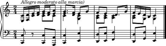 {
\set Score.tempoHideNote = ##t
\new PianoStaff <<
\new Staff { \clef violin \key c \major \time 2/4 \tempo 4 = 60
<e c'>16^\markup{\italic{Allegro moderato alla marcia)}} <f d'> <c' e'> <d' f'>
<< { \voiceOne
<e' g'>16 <d' f'> <e' a'>8
<e' g'>8. <d' f'>16 e'8 g'
f'8 e' d'8. g'16
f'16 e' d' b c'4
}
\new Voice { \voiceTwo
c'8 c'
c'4 <g c'>
<a c'>8 <a c'> <a c'>4
<a c'>8 g g4
} >> \oneVoice
\bar "|."
}
\new Staff { \clef bass \key c \major \time 2/4
<c, c>8 r <c, c> <a,, a,>
<c, c>4 <e, e>
<d, d>8 <e, e> <f, f>4
<d, d>8 <g, f> <e, e>4 \bar "|."
}
>> }
