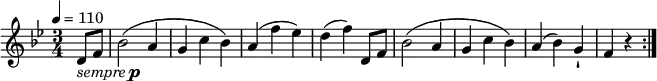 \relative c'' {
\version "2.18.2"
\key bes \major
\time 3/4
\tempo 4 = 110
\tempo "Trio"
\partial4 d,8_\markup { \italic { sempre } \dynamic p } f
bes2 (a4 g c bes)
a (f'ees)
d (f) d,8 f
bes2 (a4 g c bes)
a4 (bes) g-!
f r4 \bar ":|."
}