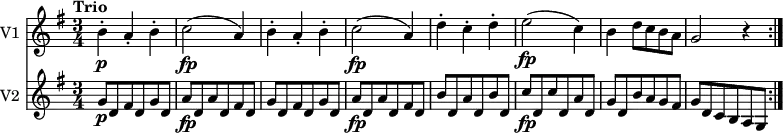 <<
\new Staff \with { instrumentName = #"V1 "} \relative c'' {
\version "2.18.2"
\key g \major
\tempo "Trio"
\time 3/4
b4-.\p a-. b-.
c2\fp (a4)
b4-. a-. b-.
c2\fp (a4)
d4-. c-. d-.
e2\fp (c4)
b d8 c b a
g2 r4 \bar ":|."
}
\new Staff \with { instrumentName = #"V2 "} \relative c'' {
\key g \major
\time 3/4
g8 \p d fis d g d
a' \fp d, a' d, fis d
g d fis d g d
a' \fp d, a' d, fis d
b' d, a' d, b' d,
c' \fp d, c' d, a' d,
g d b' a g fis
g d c b a g \bar ":|."
}
>>