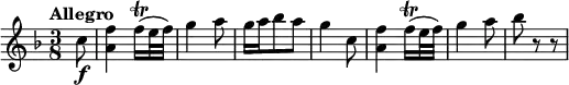 \relative c' {
\version "2.18.2"
\clef "treble"
\tempo "Allegro"
\key f \major
\time 3/8
\partial 8 c'8 \f
<a f'>4 f'16\trill (e32 f)
g4 a8
g16 a bes8 a
g4 c,8
<a f'>4 f'16\trill (e32 f)
g4 a8
bes r8 r8
}