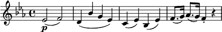 \relative es' {
\key es \major \time 4/4 \stemUp
es2( \p f) | d4( bes' g es)
c4( es) bes( es) | f8.( g16) as8.( g16) f4-. r
}