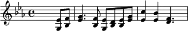 {\key es \major \time 4/4 \skip2. <g es'>8 <bes f'> <es' g'>4. <bes f'>8 <g es'> <bes d'> <bes es'> <es' g'> <es' c''>4 <es' bes'> <d' f'>4. \skip8}