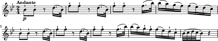 \relative c'' {
\version "2.18.2"
\tempo "Andante"
\key bes \major
\time 2/4
\tempo 4 = 50
bes8-!\p bes8-! r8 d16. (bes32)
f'8-! f-! r8 d16. (bes32)
f'8-! f-! r8 f16. (bes32)
bes16 (a) g (f) f (ees) d (c)
bes8-! bes8-! r8 d16. (bes32)
f'8-! f-! r8 d16. (bes32)
f'8-! f-! r8 f16. (bes32)
bes16 (a) g-! f-! f (ees) d-! c-!
bes32 (c d c bes8) r4
}