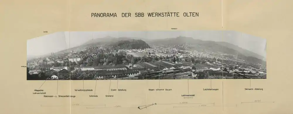 Panorama der SBB-Hauptwerkstätte Olten mit Stadt Olten Trimbach und Juragebirge im Hintergrund