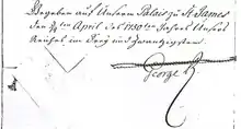 Final paragraph of a handwritten document dated 3/14 April 1750, date given according Julian/Gregorian calendars
