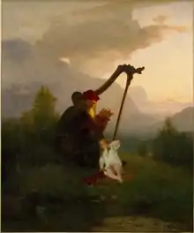 Das farbenfrohe Ölgemälde zeigt einen Mann mit langem Bart und roter Mütze, der auf einer Harfe spielt und dabei auf ein blondes, weißgekleidetes Kleinkind blickt; im Hintergrund sind grüne Bäume und wolkenverhangene Berge zu erkennen.