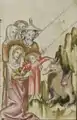 Wunder auf der Flucht: Jesus besänftigt einen Drachen und bestätigt seinen Eltern, dass die Tiere ihnen nichts anhaben werden. (Klosterneuburger Evangelienwerk, 14.&nbsp;Jahrhundert)