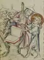 Jesus streitet mit dem Lehrer Zacharias über die Natur der Buchstaben; der Lehrer will ihn mit der Rute züchtigen.