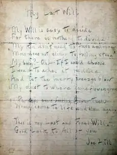Vergilbtes Papier, auf welchem ein Gedicht steht, welches Joe Hills Testament ist.